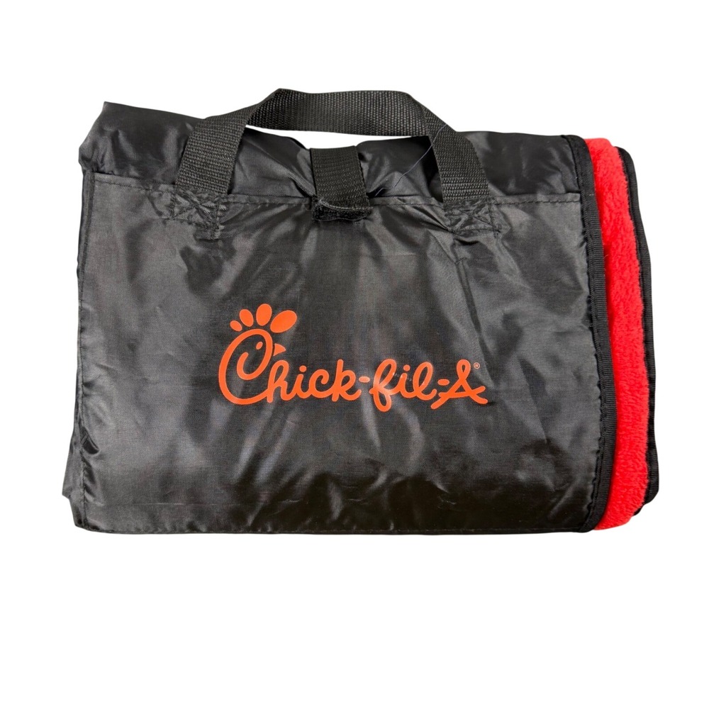 Chick-fil-A Picnic Blanket Roll Up Water Resistant Fleece Black Red Travel Tote